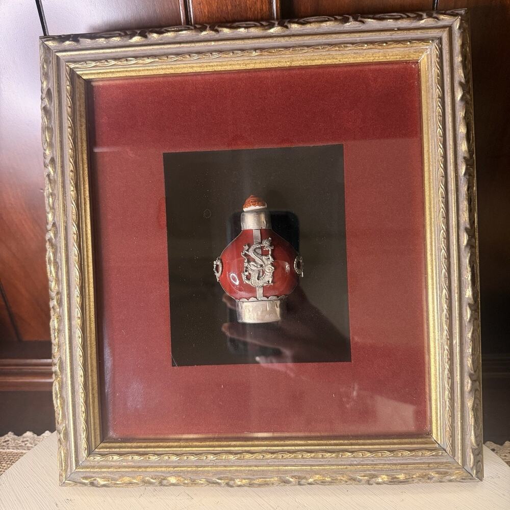 Framed Chinese Snuff Bottle Art – Red Overlay Glass Dragon Bottle – Shadowbox Fr